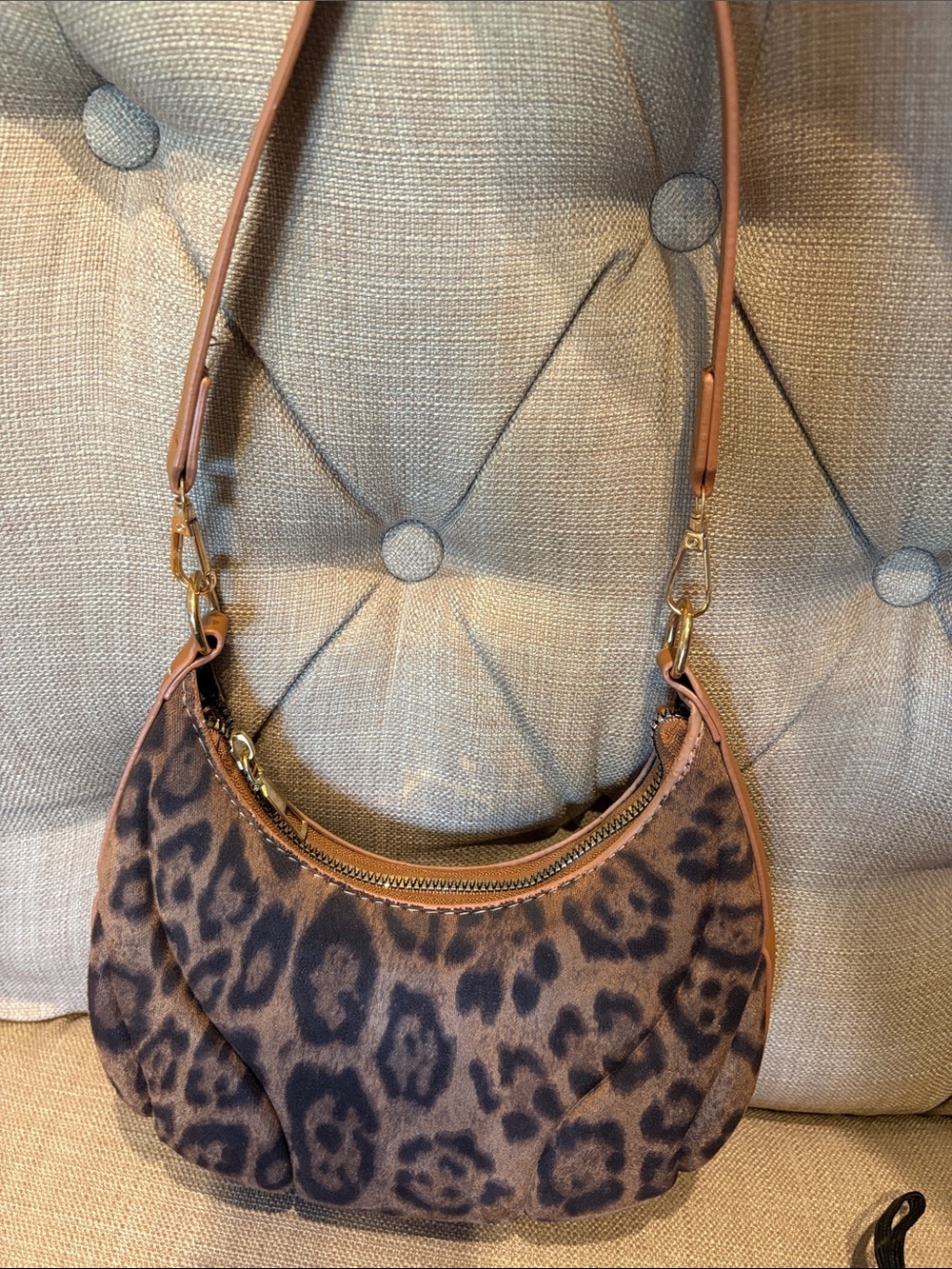 Leopard Print Vegan Suede Crescent Shoulder Bag - Brown